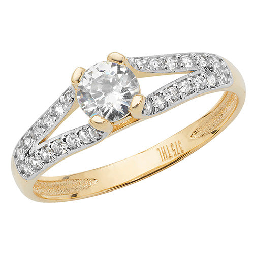 9Ct Gold Solitaire Cz With Split Shoulders Ring - RN901
