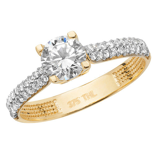 9Ct Gold Solitaire Cz With 2 Row Grain Set Shoulders Ring - RN902