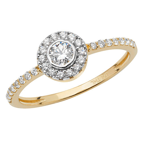 9Ct Gold Halo Round Grain Set Shoulders Ring with CZ Stones - RN903