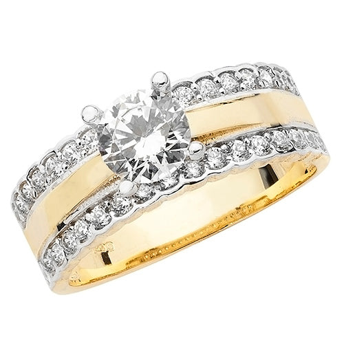9ct Gold Solitaire Cz 2 Row Pave Set Shoulders Ring - RN918