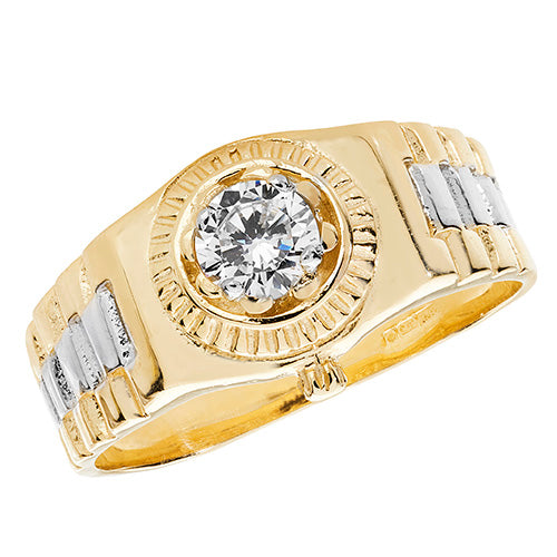 9ct Gold Gents' Solitaire Cz Link Design Ring - RN921